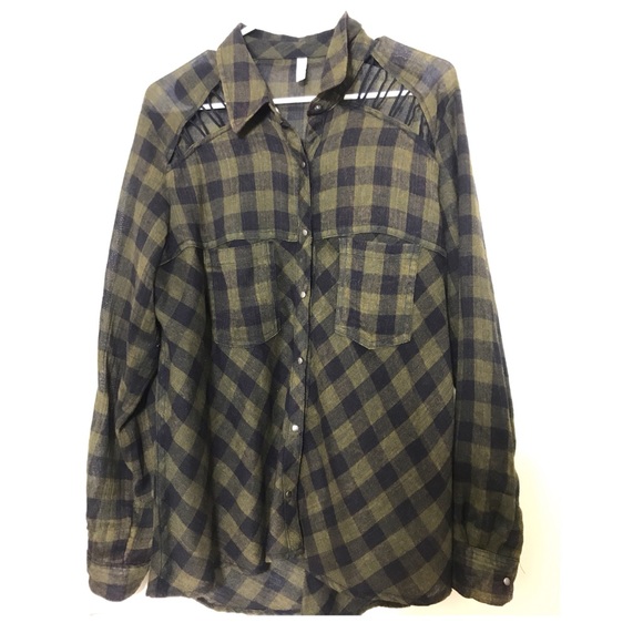 Free People Gauzy Lace Up Cutout Plaid Top M - Picture 4 of 6